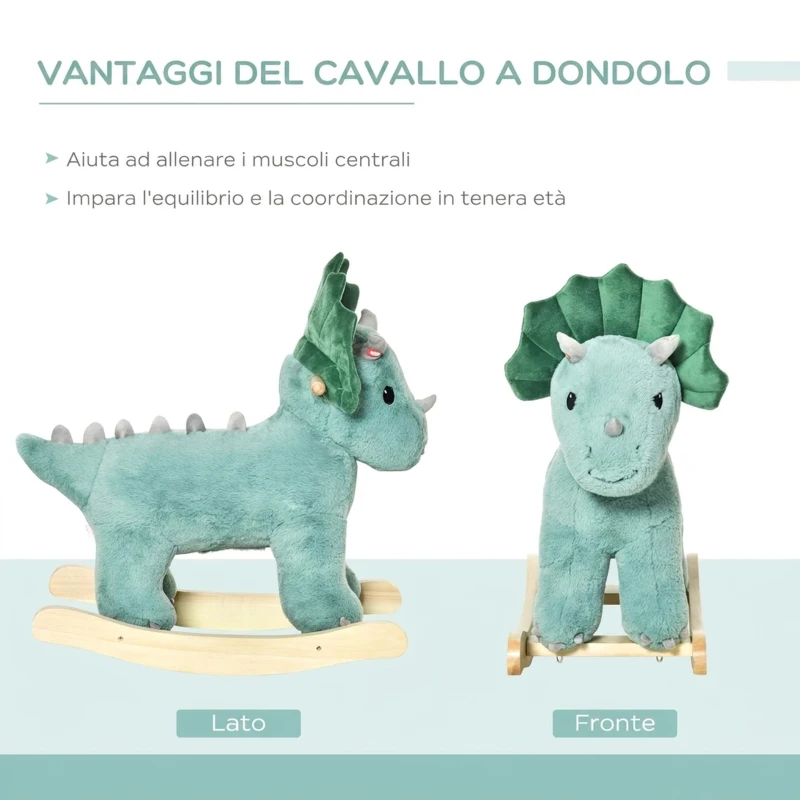 HOMCOM Cavallo a Dondolo per Bambini 3-6 Anni a Forma di Triceratopo con Suoni Realistici, Verde Scuro