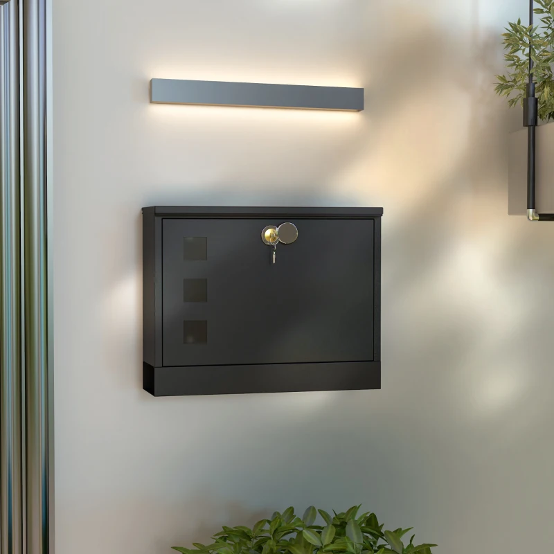 HOMCOM Buzón Exterior de Metal de Pared Correo Cerradura y 2 Llaves Ventanas de Vista Cierre Silencioso 36,5x11,5x29 cm Negro