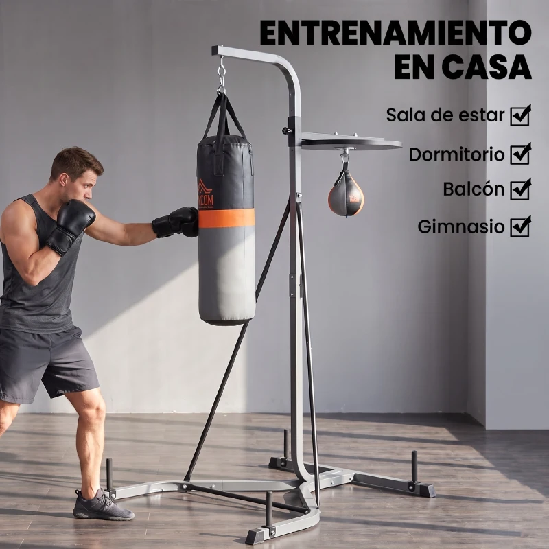 HOMCOM Saco de Boxeo Colgante con Bola de Velocidad Ajustable en Altura de 167-187 cm  e Inflador 115x157x221 cm Negro y Gris