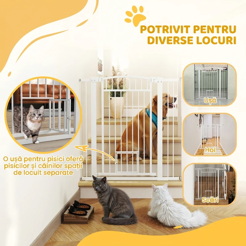 PawHut Poartă de Siguranță Extensibilă pentru Câini 76-104 x 106 cm, Deschidere cu O Singură Mână, Alb
