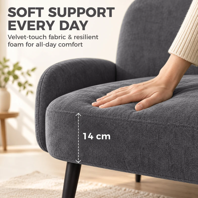 HOMCOM 132cm 2 Seater Sofa, Velvet Comfy Small Sofa Couch with Wide Seat, Thick Padding, Tapered Metal Legs, Dark Grey