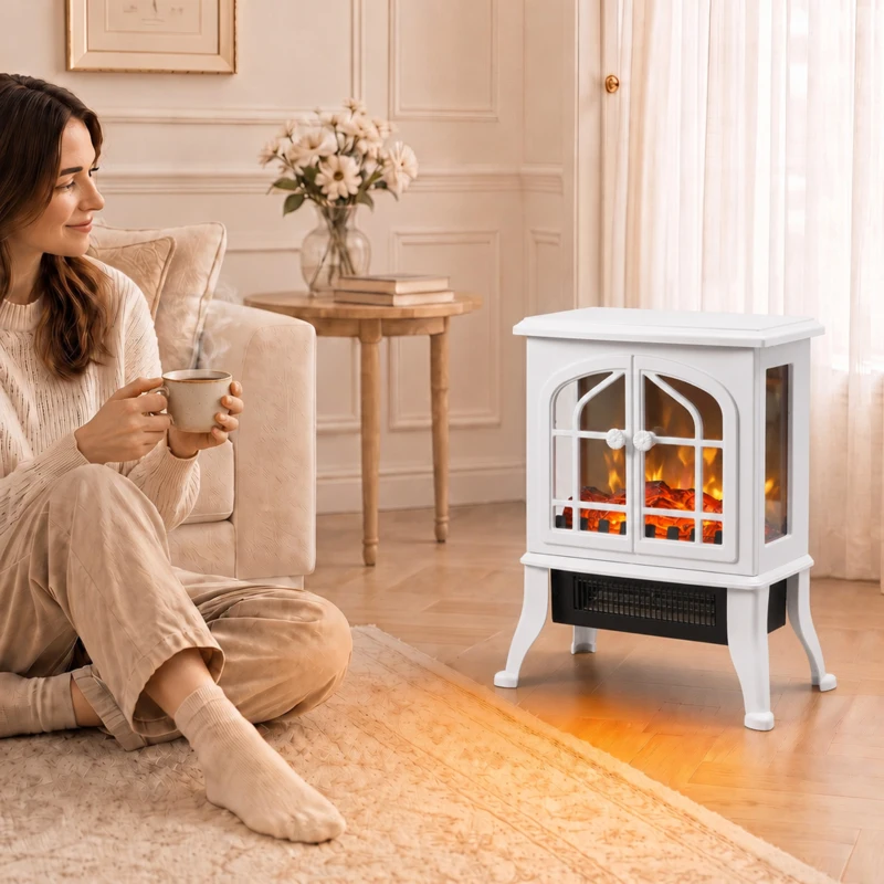 HOMCOM Chimenea Eléctrica de Pie  900/1800W Efecto Llama 3D Termostato Ajustable Ventanas Visibles para 15-30 ㎡ Blanco