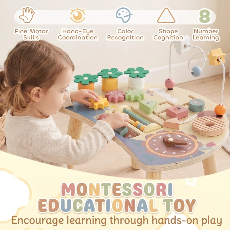 AIYAPLAY Wooden Baby Activity Table for 1-3 Years, 6-in-1 Montessori Activity Table with Gears, Bead Maze, Rotating Clock
