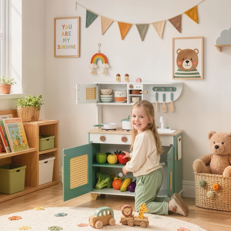 AIYAPLAY Cucina Giocattolo per Bambini in Legno con Accessori, Fornelli, Macchina del Caffè, Armadietto, 3-6 Anni, Verde
