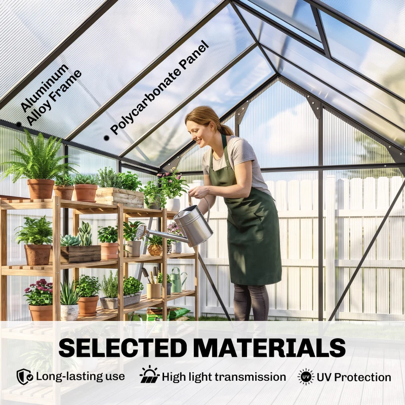 Outsunny 6 x 8ft Polycarbonate Greenhouse, Large Walk in Green House with Slide Door and Window, Garden Plants Grow House with Aluminium Frame and Foundation, Grey