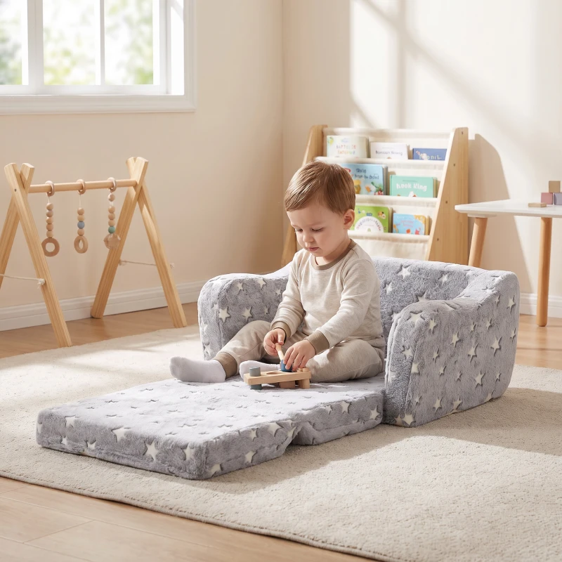 AIYAPLAY Canapé enfant 2 en 1, fauteuil pour enfant avec étoiles phosphorescentes, dépliable en méridienne, gris