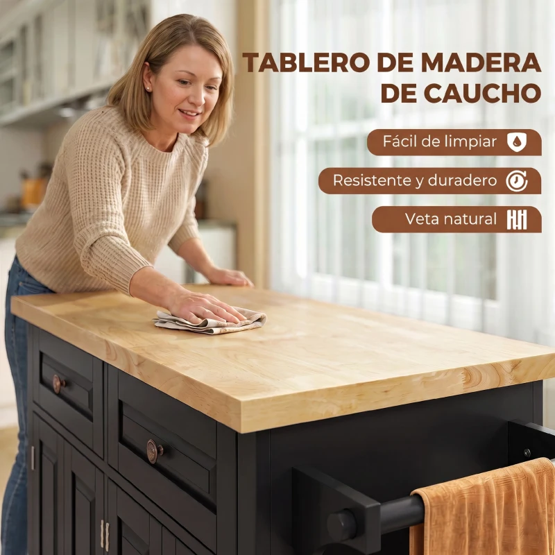 HOMCOM Isla de Cocina con Ruedas Mueble Auxiliar de Cocina con Especiero y Barra Lateral 111x44,5x82,5 cm Negro
