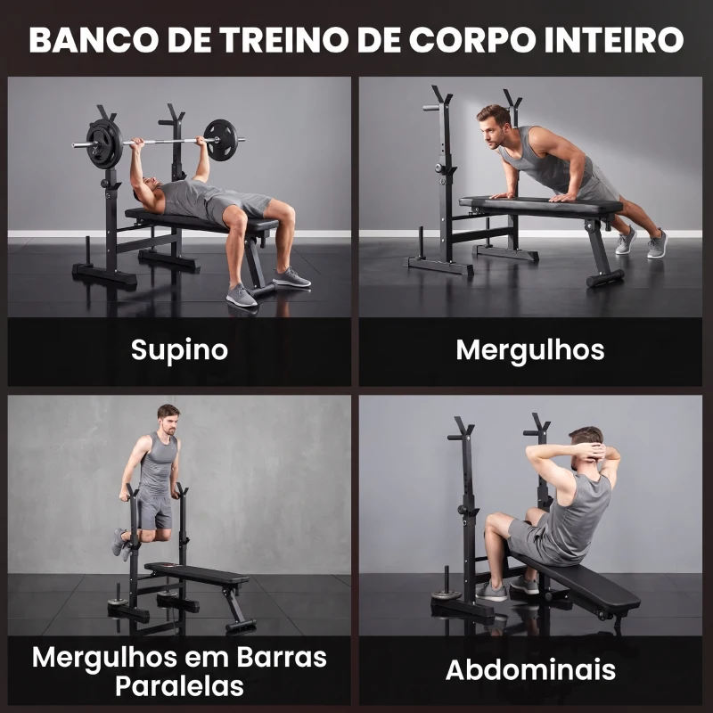 HOMCOM Banco de Pesos Multifuncional Dobrável com Suporte para Barras Ajustável e Estação de Dips 98-122x140x73 cm Preto