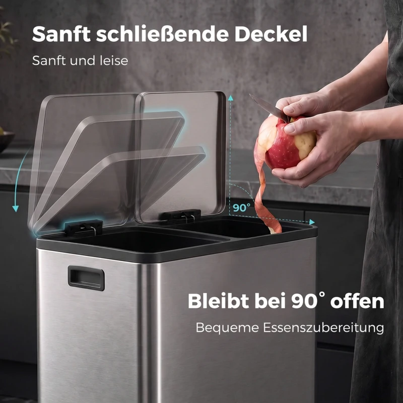 HOMCOM 2 x 30 L Küchenmülleimer, Edelstahl-Treteimer mit herausnehmbaren Inneneimern und Soft-Close-Deckeln, silber