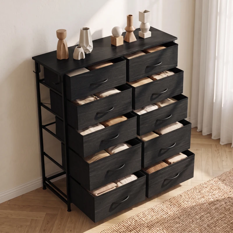 HOMCOM Chest of Drawers, Dresser with 10 Fabric Drawers, Tall Storage Unit with 4 Pockets and 2 Hooks Steel Frame, Black