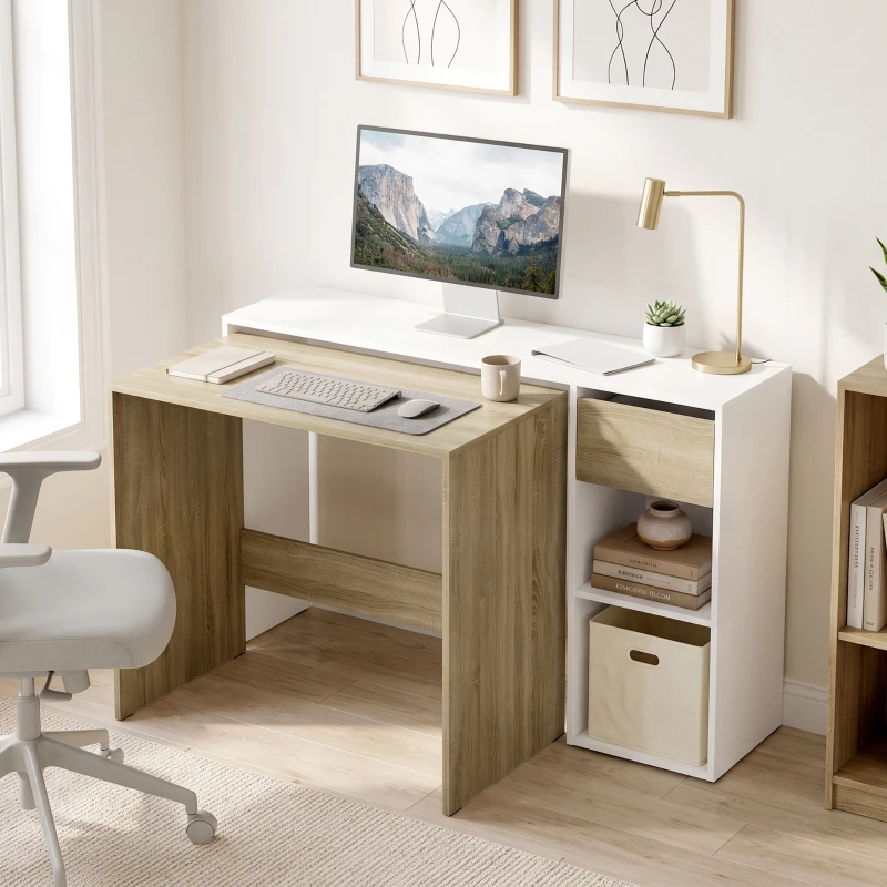 HOMCOM Einschiebbare Schreibtische 2er-Set, Computertisch 80/117 cm mit Schublade und offenen Regalen, Weiß und Eiche