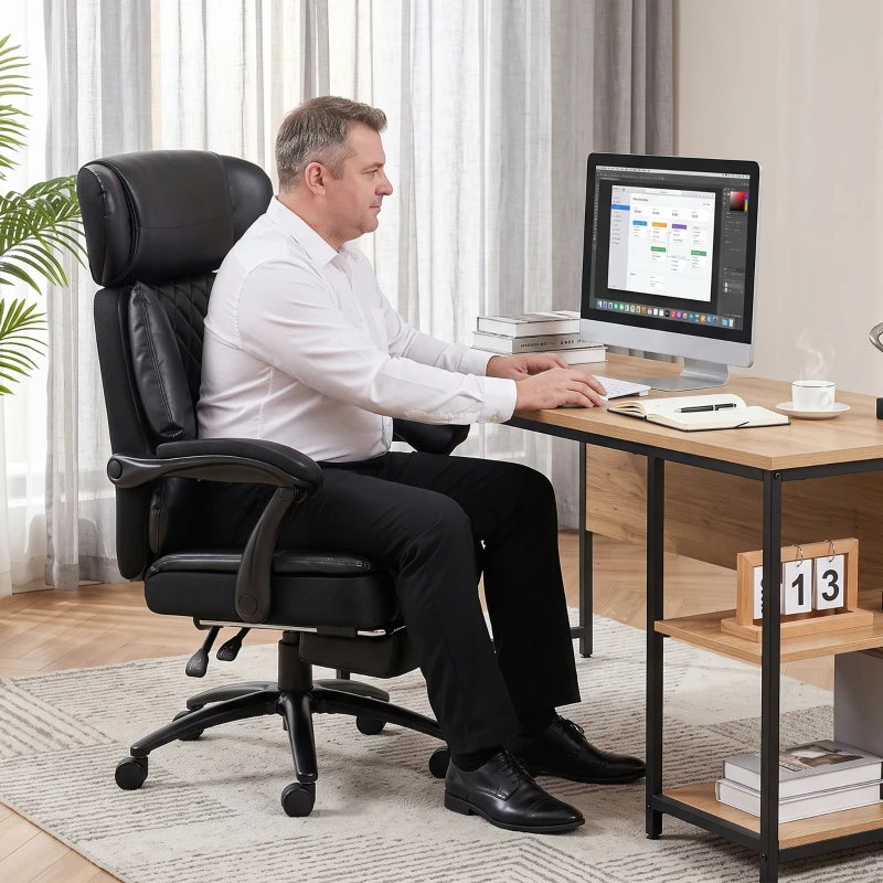 HOMCOM Scaun de Birou pentru Persoane Mari, Scaun de Conducere Ergonomic din PU 225 Kg, Tetieră Reglabilă, Negru