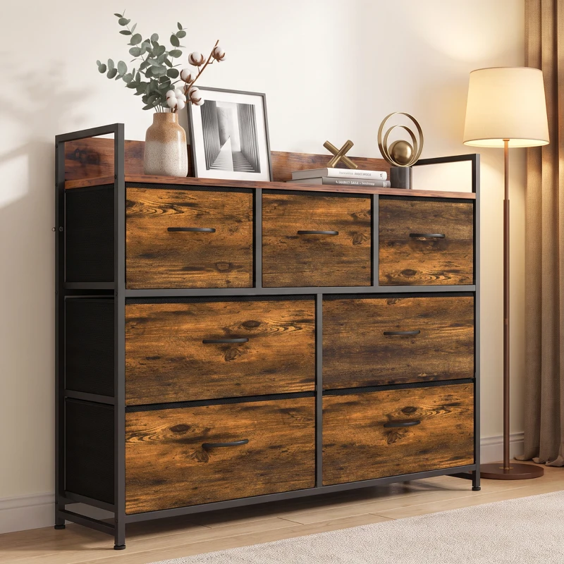 HOMCOM Commode 7 Tiroirs en Tissu Pliables, Commode Chambre Adulte avec Plateau Supérieur et Cadre en Acier, Brun Rustique
