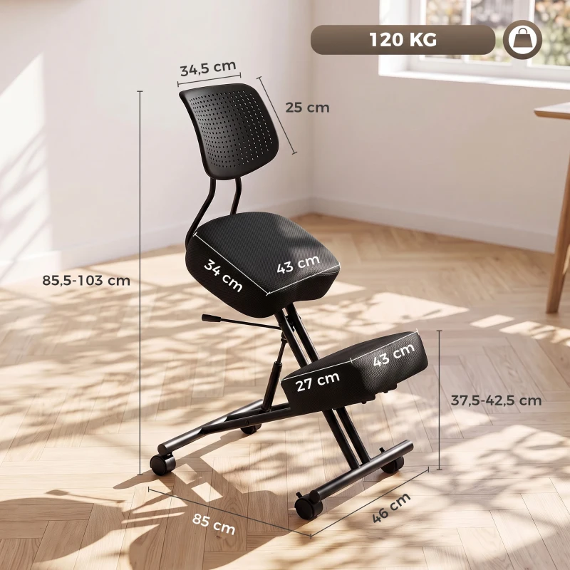 HOMCOM Sedia Ergonomica Posturale Regolabile con Schienale E Ruote Nero