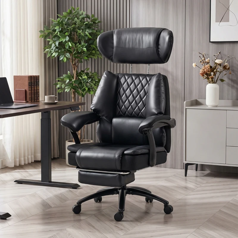 HOMCOM Scaun de Birou pentru Persoane Mari, Scaun de Conducere Ergonomic din PU 225 Kg, Tetieră Reglabilă, Negru