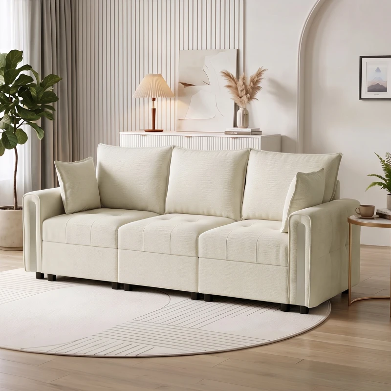 HOMCOM 3 Seater Sofa with Lift-Up Storage, 228cm Comfy Velvet Couch with Wide Deep Seat, Beige