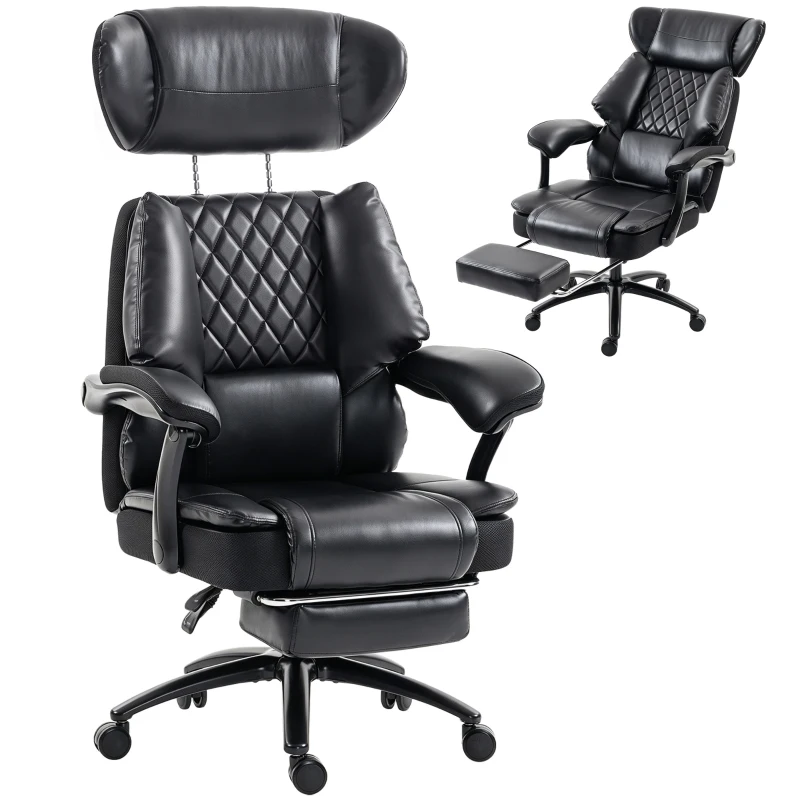 HOMCOM Scaun de Birou pentru Persoane Mari, Scaun de Conducere Ergonomic din PU 225 Kg, Tetieră Reglabilă, Negru
