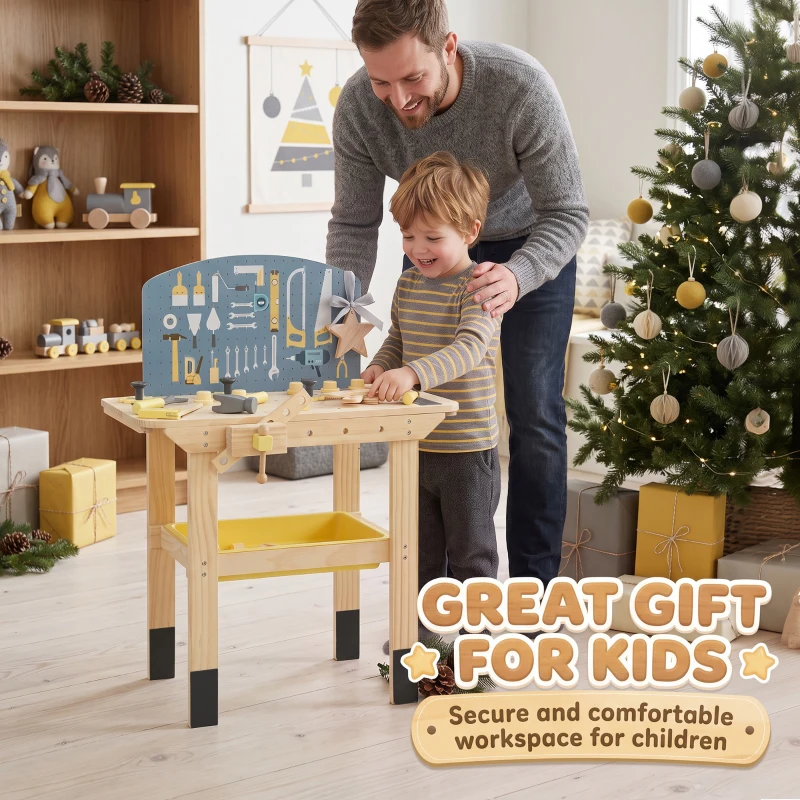 AIYAPLAY Établi en Bois pour Enfants avec 28 Accessoires, Boîte de Rangement, Établi d'Imitation dès 3 à 8 Ans, Naturel