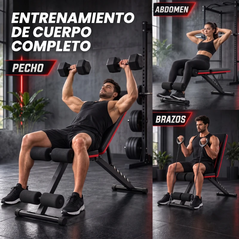 SPORTNOW Banco de Musculación Plegable con Respaldo Ajustable 7 Niveles Extensión de Pierna Bandas para Casa Gimnasio Negro