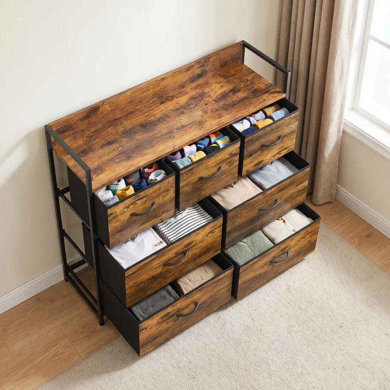 HOMCOM Commode 7 Tiroirs en Tissu Pliables, Commode Chambre Adulte avec Plateau Supérieur et Cadre en Acier, Brun Rustique