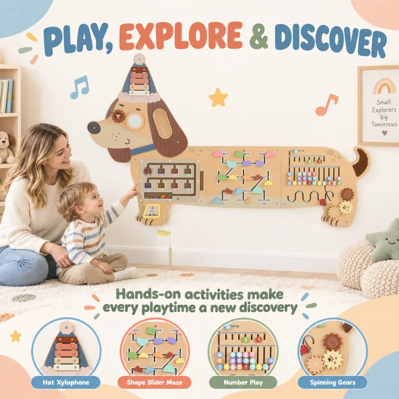 AIYAPLAY Montessori Inspired Busy Board, Wooden Dachshund Sensory Wall Panel for kids Touch, Feel & Learn, Classroom, Playroom