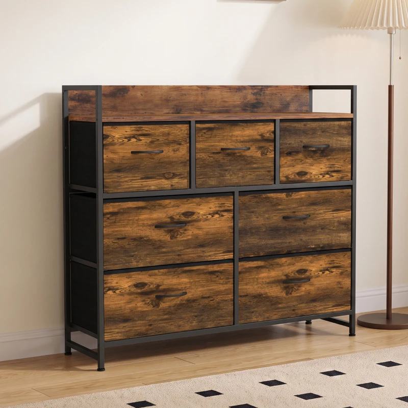 HOMCOM Commode 7 Tiroirs en Tissu Pliables, Commode Chambre Adulte avec Plateau Supérieur et Cadre en Acier, Brun Rustique
