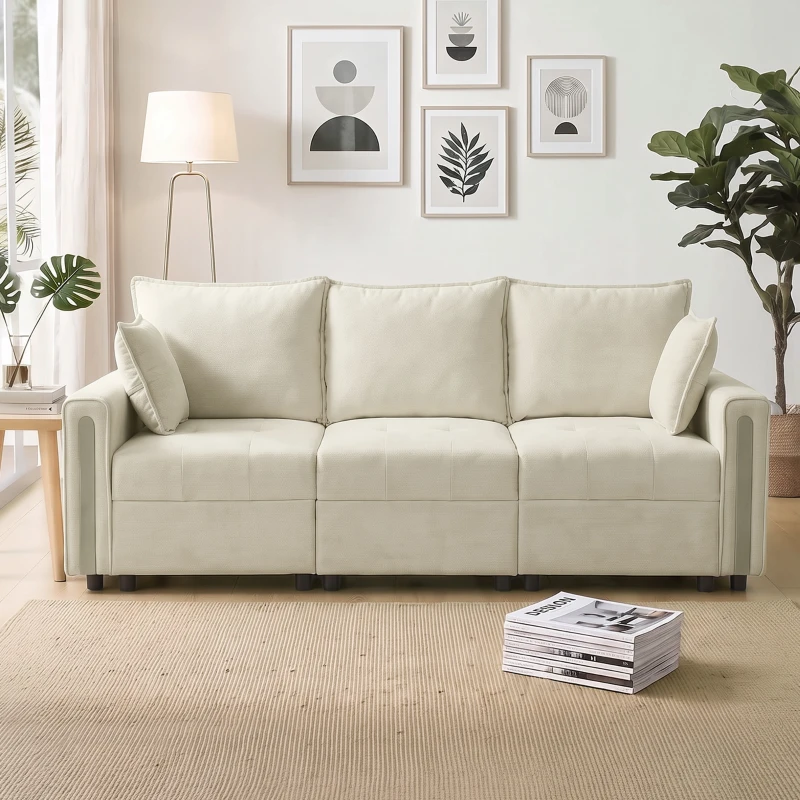 HOMCOM 3 Seater Sofa with Lift-Up Storage, 228cm Comfy Velvet Couch with Wide Deep Seat, Beige