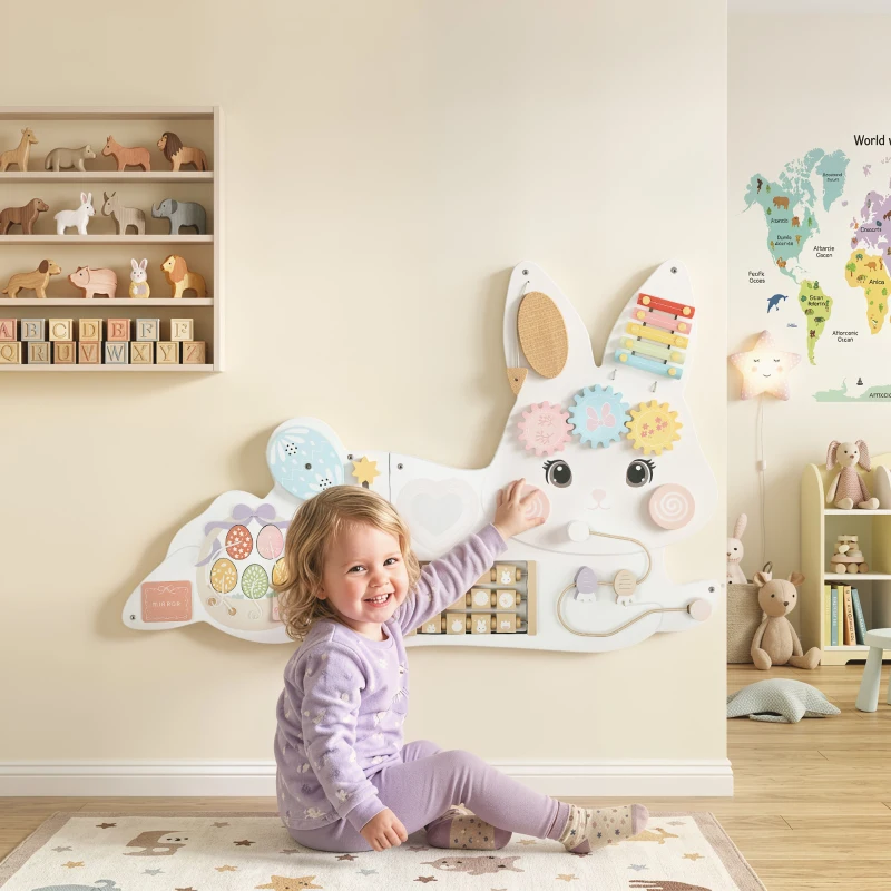 AIYAPLAY Easter Bunny Busy Board Panels, Montessori Wall-Mounted Toddler Learning Activity Centre for Living Room Kids Room White