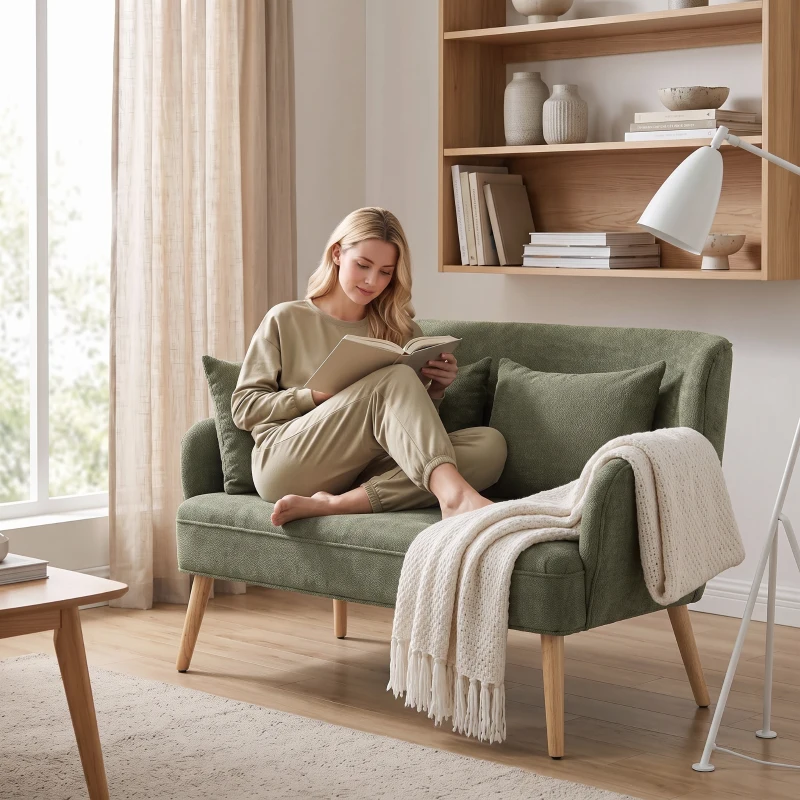 HOMCOM Sofá 2 plazas 117 cm, sofá de salón en chenilla con 2 cojines, asiento amplio y patas de madera de hevea, verde oscuro