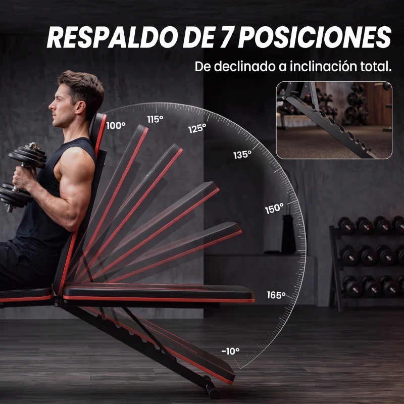SPORTNOW Banco de Musculación Plegable con Respaldo Ajustable 7 Niveles Extensión de Pierna Bandas para Casa Gimnasio Negro