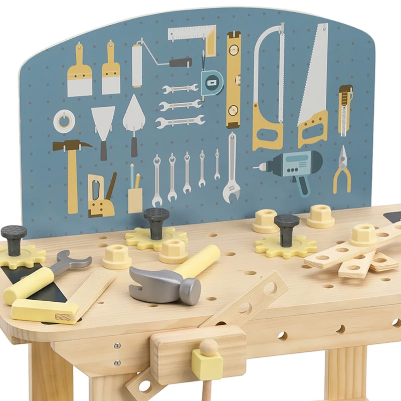 AIYAPLAY Établi en Bois pour Enfants avec 28 Accessoires, Boîte de Rangement, Établi d'Imitation dès 3 à 8 Ans, Naturel