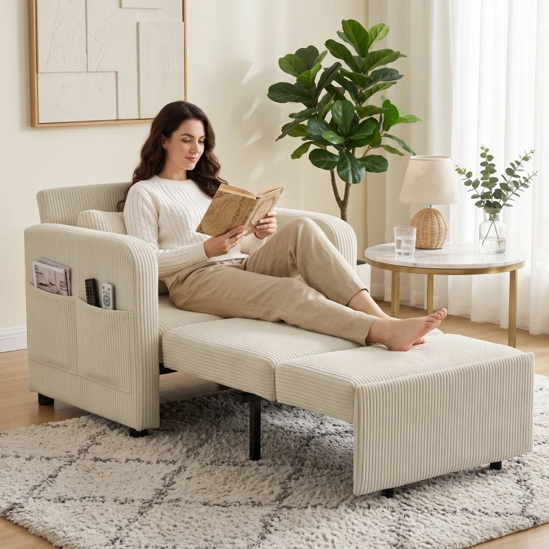 HOMCOM Sofá Cama 1 Plaza Convertible 3 en 1 de Pana con Respaldo Ajustable Almohada Extraíble para Salón Dormitorio Beige
