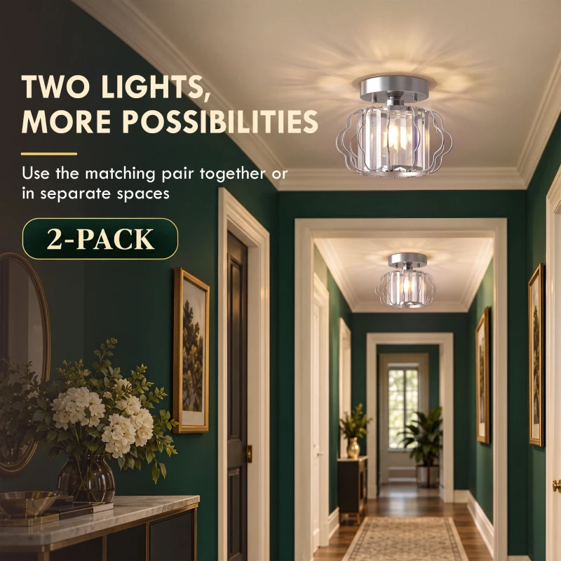 HOMCOM Crystal Ceiling Light Fixtures, Modern Semi-Flush Ceiling Lighting with Crystal Strips, 2 Pack, Silver Tone