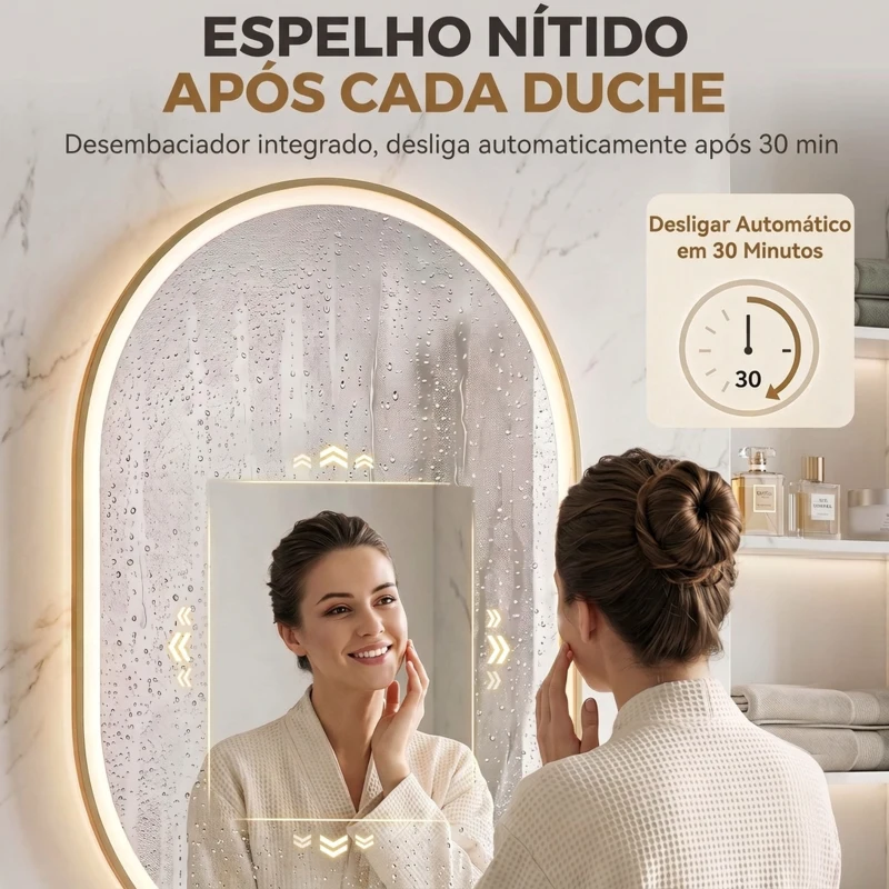 HOMCOM Espelho de Casa de Banho com LED Altifalante Bluetooth e Antiembaciamento 100x70 cm 3 Tons de Luz Brilho Regulável