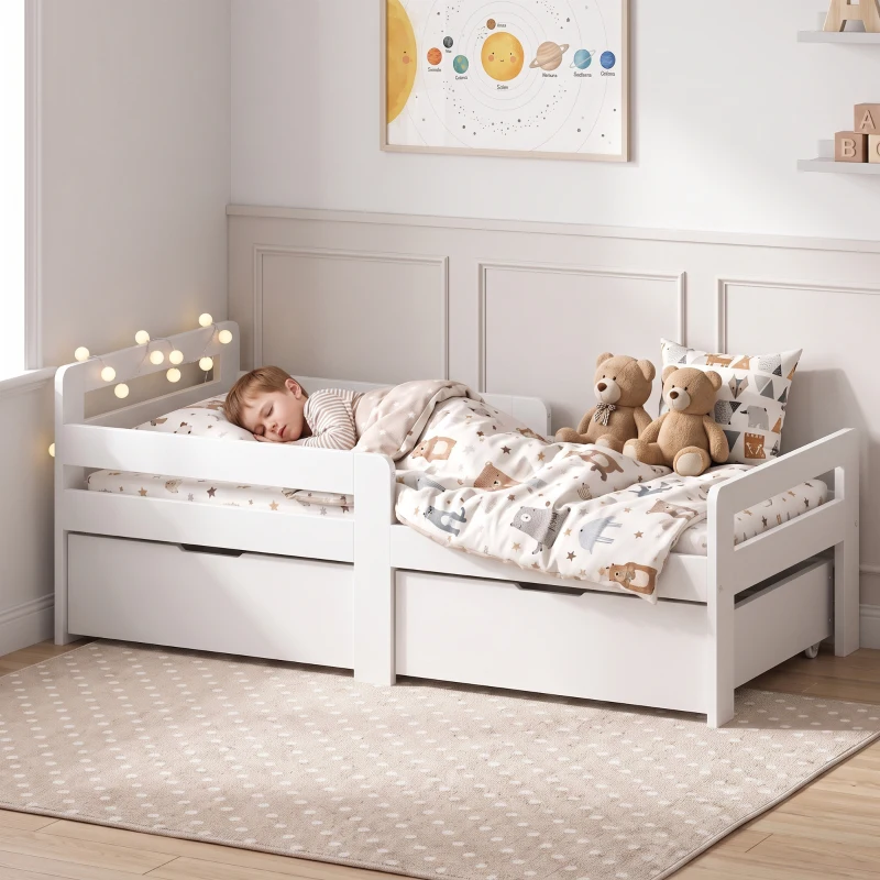 AIYAPLAY Wooden Kids Bed Frame with 2 Storage Drawers and Guard Rails for Ages 4-14, 144 x 76 x 57 cm (No Mattress), White