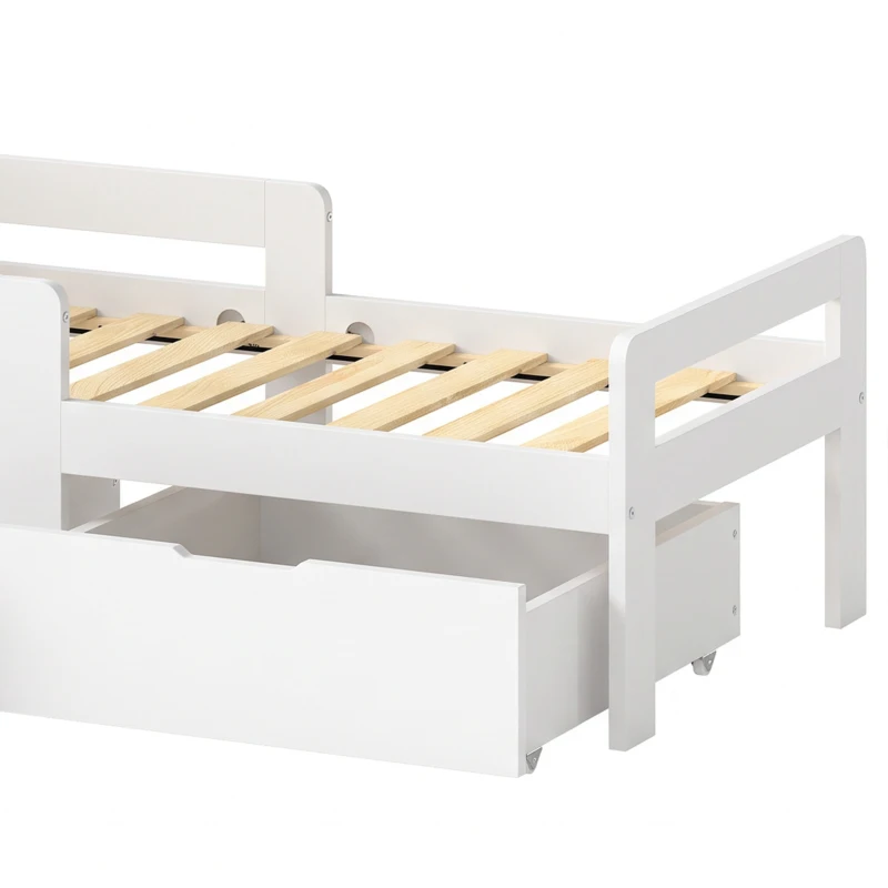 AIYAPLAY Wooden Kids Bed Frame with 2 Storage Drawers and Guard Rails for Ages 4-14, 144 x 76 x 57 cm (No Mattress), White
