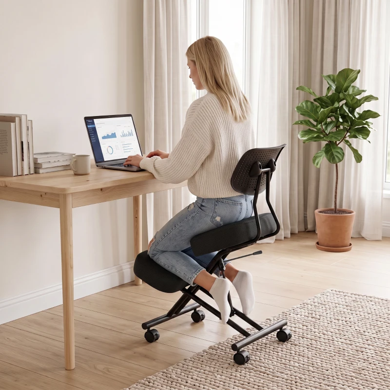 HOMCOM Chaise posturale ergonomique réglable avec dossier et roulettes noir
