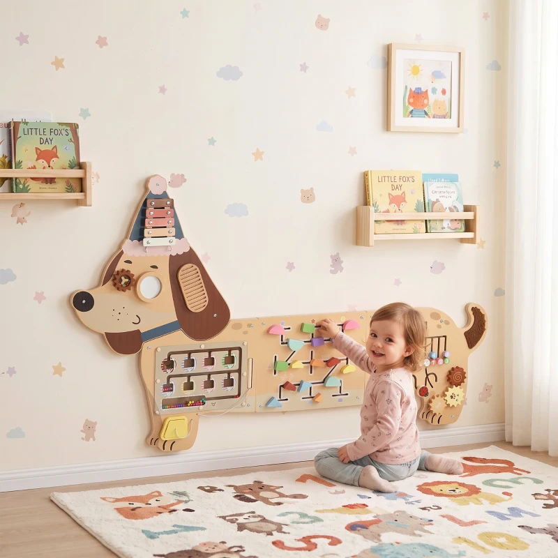 AIYAPLAY Montessori Inspired Busy Board, Wooden Dachshund Sensory Wall Panel for kids Touch, Feel & Learn, Classroom, Playroom