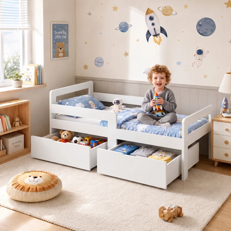 AIYAPLAY Wooden Kids Bed Frame with 2 Storage Drawers and Guard Rails for Ages 4-14, 144 x 76 x 57 cm (No Mattress), White