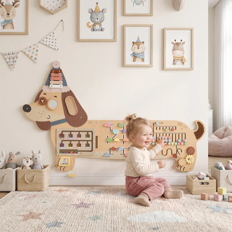 AIYAPLAY Montessori Inspired Busy Board, Wooden Dachshund Sensory Wall Panel for kids Touch, Feel & Learn, Classroom, Playroom