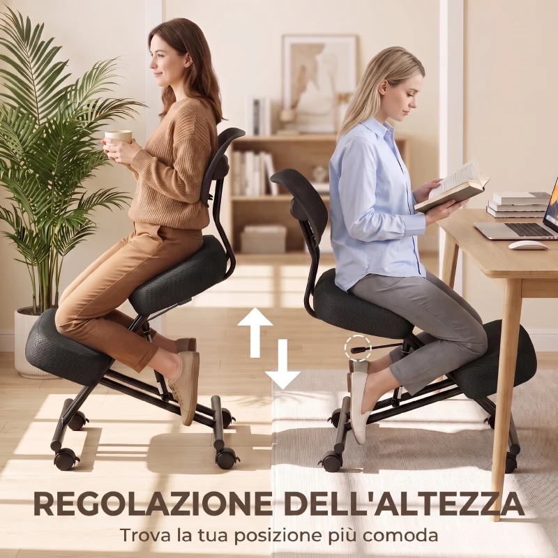 HOMCOM Sedia Ergonomica Posturale Regolabile con Schienale E Ruote Nero