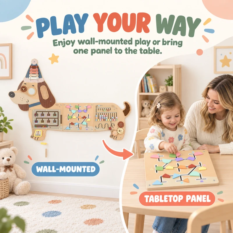 AIYAPLAY Montessori Inspired Busy Board, Wooden Dachshund Sensory Wall Panel for kids Touch, Feel & Learn, Classroom, Playroom