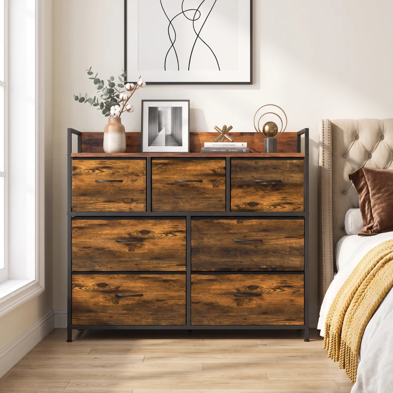 HOMCOM Commode 7 Tiroirs en Tissu Pliables, Commode Chambre Adulte avec Plateau Supérieur et Cadre en Acier, Brun Rustique