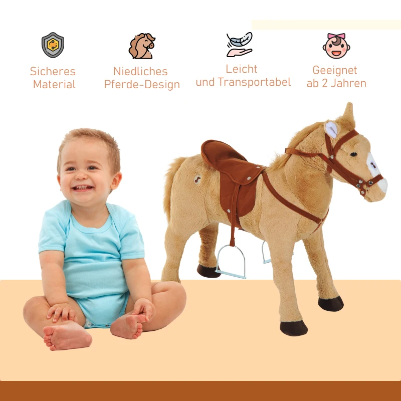 HOMCOM Reitpferd Spielpferd zum Reiten Stehpferd mit Sattel, Sound, Steigbügel Plüschpferd für Kinder ab 2 Jahren Beige