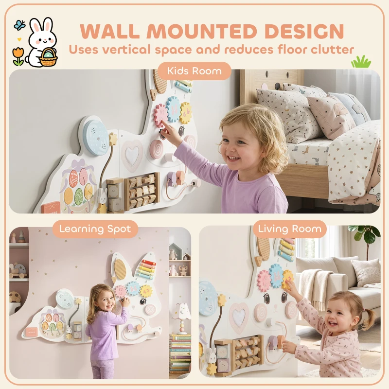 AIYAPLAY Easter Bunny Busy Board Panels, Montessori Wall-Mounted Toddler Learning Activity Centre for Living Room Kids Room White