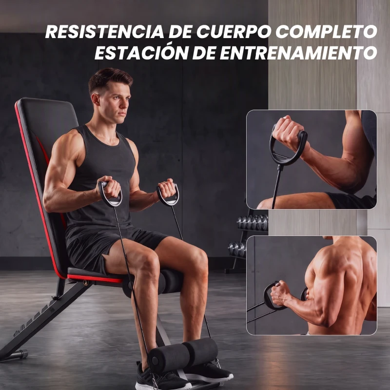 SPORTNOW Banco de Musculación Plegable con Respaldo Ajustable 7 Niveles Extensión de Pierna Bandas para Casa Gimnasio Negro
