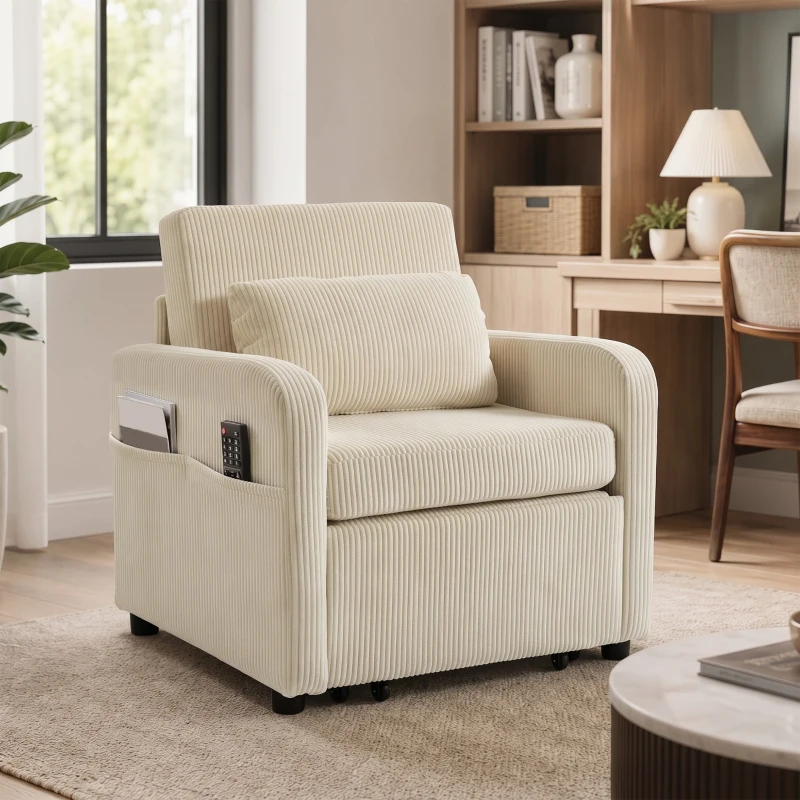 HOMCOM Sofá Cama 1 Plaza Convertible 3 en 1 de Pana con Respaldo Ajustable Almohada Extraíble para Salón Dormitorio Beige