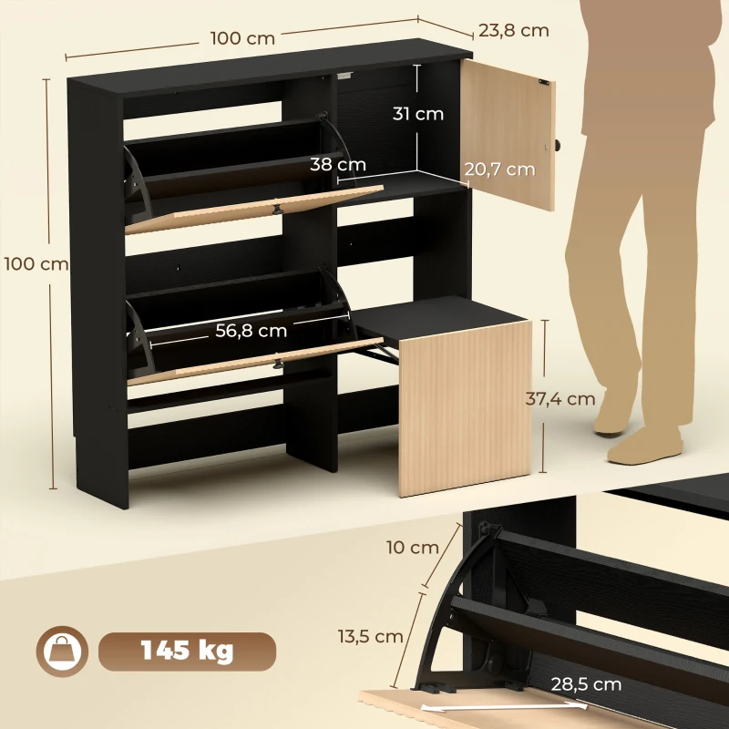 HOMCOM Sapateira Estreita com 2 Gavetas Basculantes Armário Banco Oculto e Prateleiras Ajustáveis 8-10 Pares 100x23,8x100 cm Carvalho