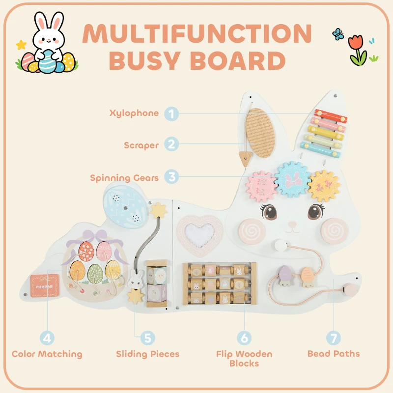 AIYAPLAY Easter Bunny Busy Board Panels, Montessori Wall-Mounted Toddler Learning Activity Centre for Living Room Kids Room White