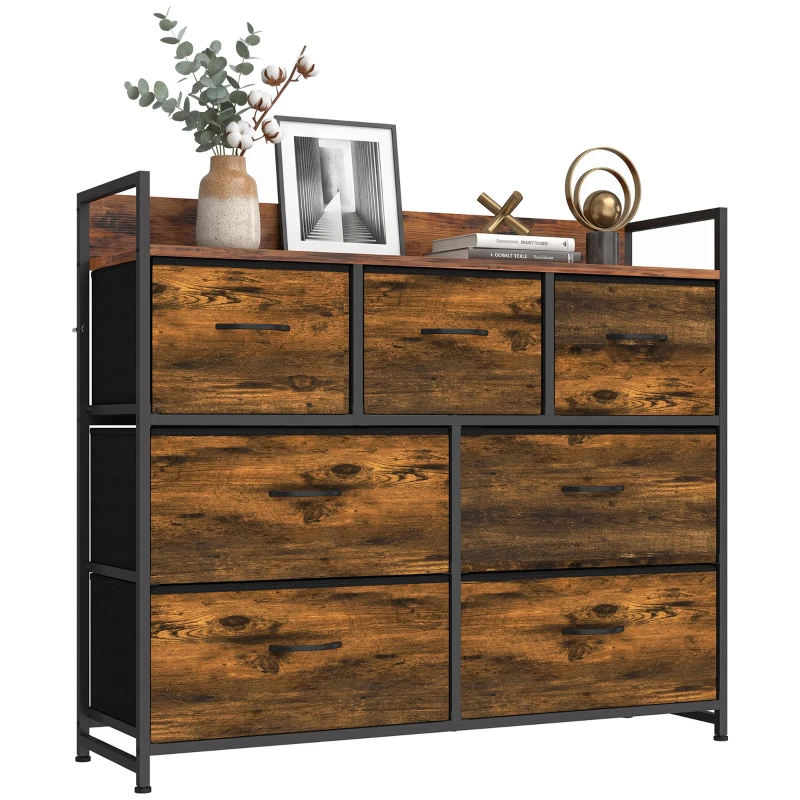 HOMCOM Commode 7 Tiroirs en Tissu Pliables, Commode Chambre Adulte avec Plateau Supérieur et Cadre en Acier, Brun Rustique